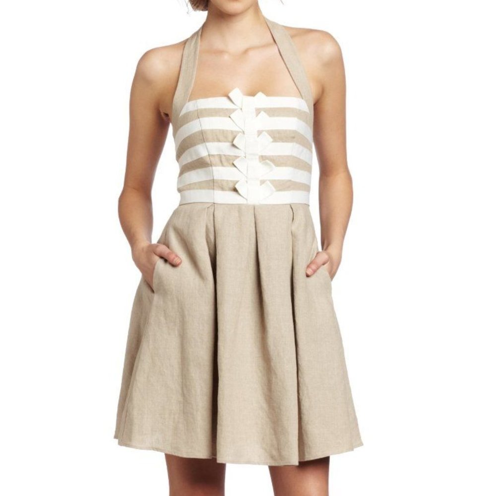 Jessica Simpson Dune/White Halter Bow Dress 6